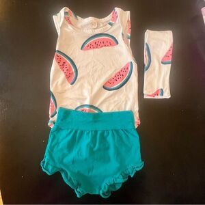 Watermelon Print Baby Outfit with Teal Bloomers and Headband - size 90 (18-24mo)